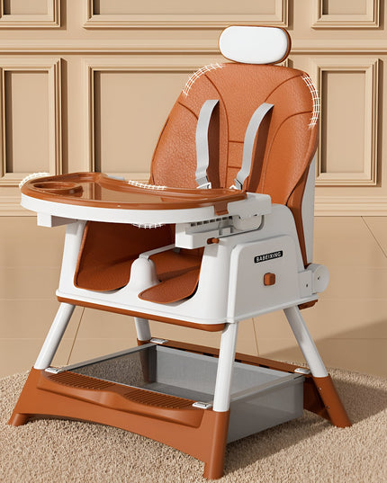 Scaun de Masa pentru Bebelusi si Copii cu Roti, cu Tetiera, Telescopic, Pliabil, Masuta Reglabila, Suport Picioare, Scaun cu Invelis Piele Artificiala, Centura Siguranta, Spatiu Depozitare