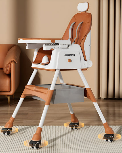 Scaun de Masa pentru Bebelusi si Copii cu Roti, cu Tetiera, Telescopic, Pliabil, Masuta Reglabila, Suport Picioare, Scaun cu Invelis Piele Artificiala, Centura Siguranta, Spatiu Depozitare