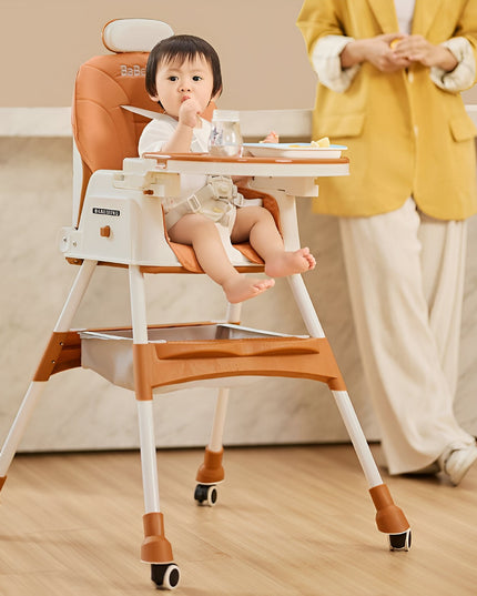 Scaun de Masa pentru Bebelusi si Copii cu Roti, cu Tetiera, Telescopic, Pliabil, Masuta Reglabila, Suport Picioare, Scaun cu Invelis Piele Artificiala, Centura Siguranta, Spatiu Depozitare