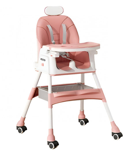 Scaun de Masa pentru Bebelusi si Copii cu Roti, cu Tetiera, Telescopic, Pliabil, Masuta Reglabila, Suport Picioare, Scaun cu Invelis Piele Artificiala, Centura Siguranta, Spatiu Depozitare