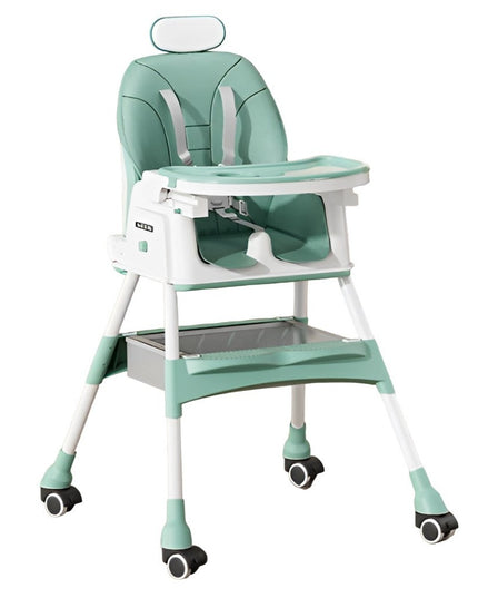 Scaun de Masa pentru Bebelusi si Copii cu Roti, cu Tetiera, Telescopic, Pliabil, Masuta Reglabila, Suport Picioare, Scaun cu Invelis Piele Artificiala, Centura Siguranta, Spatiu Depozitare