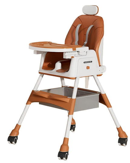 Scaun de Masa pentru Bebelusi si Copii cu Roti, cu Tetiera, Telescopic, Pliabil, Masuta Reglabila, Suport Picioare, Scaun cu Invelis Piele Artificiala, Centura Siguranta, Spatiu Depozitare