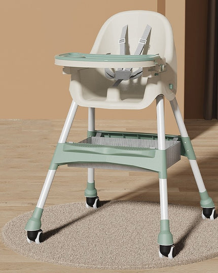 Scaun de Masa pentru Bebelusi si Copii, cu Roti, Telescopic, Pliabil, Masuta Reglabila, Suport Picioare, Scaun cu Invelis Piele Artificiala, Centura Siguranta, Spatiu Depozitare, 97x73x65 cm
