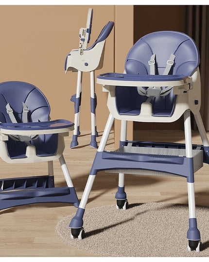 Scaun de Masa pentru Bebelusi si Copii, cu Roti, Telescopic, Pliabil, Masuta Reglabila, Suport Picioare, Scaun cu Invelis Piele Artificiala, Centura Siguranta, Spatiu Depozitare