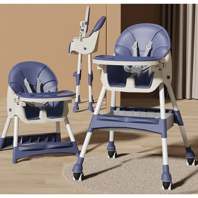 Scaun de Masa pentru Bebelusi si Copii, cu Roti, Telescopic, Pliabil, Masuta Reglabila, Suport Picioare, Scaun cu Invelis Piele Artificiala, Centura Siguranta, Spatiu Depozitare