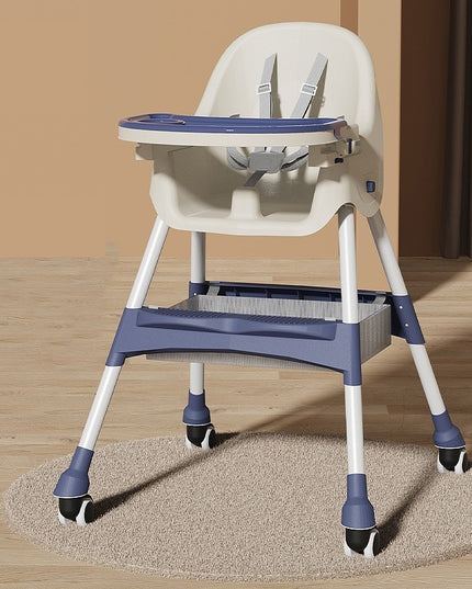 Scaun de Masa pentru Bebelusi si Copii, cu Roti, Telescopic, Pliabil, Masuta Reglabila, Suport Picioare, Scaun cu Invelis Piele Artificiala, Centura Siguranta, Spatiu Depozitare