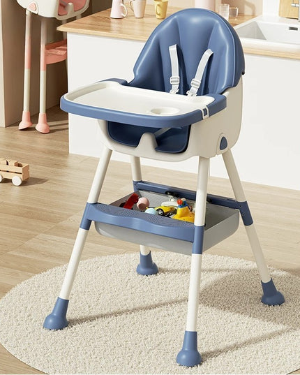 Scaun de Masa pentru Bebelusi si Copii, cu Roti, Telescopic, Pliabil, Masuta Reglabila, Suport Picioare, Scaun cu Invelis Piele Artificiala, Centura Siguranta, Spatiu Depozitare