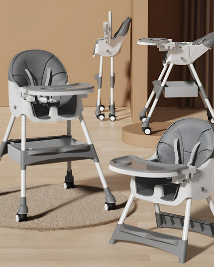 Scaun de Masa pentru Bebelusi si Copii, cu Roti, Telescopic, Pliabil, Masuta Reglabila, Suport Picioare, Scaun cu Invelis Piele Artificiala, Centura Siguranta, Spatiu Depozitare