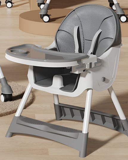 Scaun de Masa pentru Bebelusi si Copii, cu Roti, Telescopic, Pliabil, Masuta Reglabila, Suport Picioare, Scaun cu Invelis Piele Artificiala, Centura Siguranta, Spatiu Depozitare