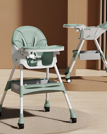 Scaun de Masa pentru Bebelusi si Copii, cu Roti, Telescopic, Pliabil, Masuta Reglabila, Suport Picioare, Scaun cu Invelis Piele Artificiala, Centura Siguranta, Spatiu Depozitare