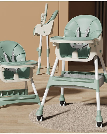 Scaun de Masa pentru Bebelusi si Copii, cu Roti, Telescopic, Pliabil, Masuta Reglabila, Suport Picioare, Scaun cu Invelis Piele Artificiala, Centura Siguranta, Spatiu Depozitare