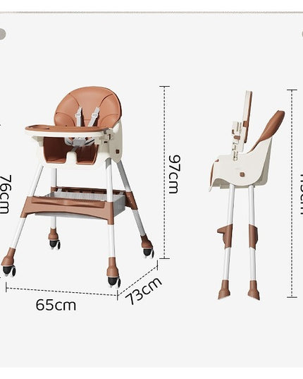 Scaun de Masa pentru Bebelusi si Copii, cu Roti, Telescopic, Pliabil, Masuta Reglabila, Suport Picioare, Scaun cu Invelis Piele Artificiala, Centura Siguranta, Spatiu Depozitare