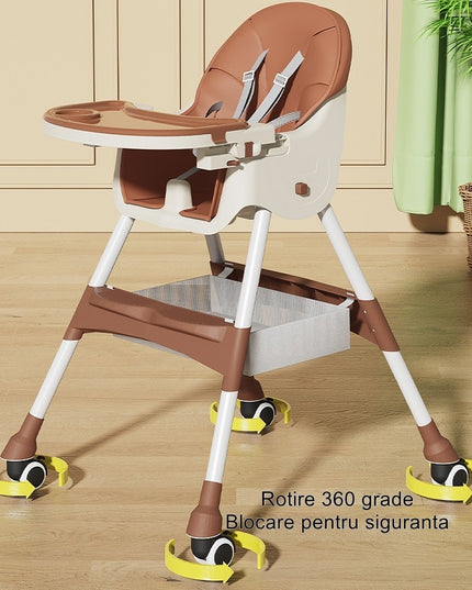 Scaun de Masa pentru Bebelusi si Copii, cu Roti, Telescopic, Pliabil, Masuta Reglabila, Suport Picioare, Scaun cu Invelis Piele Artificiala, Centura Siguranta, Spatiu Depozitare