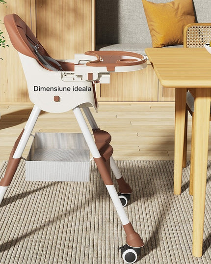 Scaun de Masa pentru Bebelusi si Copii, cu Roti, Telescopic, Pliabil, Masuta Reglabila, Suport Picioare, Scaun cu Invelis Piele Artificiala, Centura Siguranta, Spatiu Depozitare