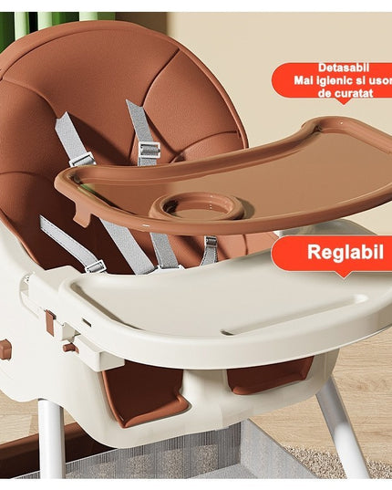 Scaun de Masa pentru Bebelusi si Copii, cu Roti, Telescopic, Pliabil, Masuta Reglabila, Suport Picioare, Scaun cu Invelis Piele Artificiala, Centura Siguranta, Spatiu Depozitare