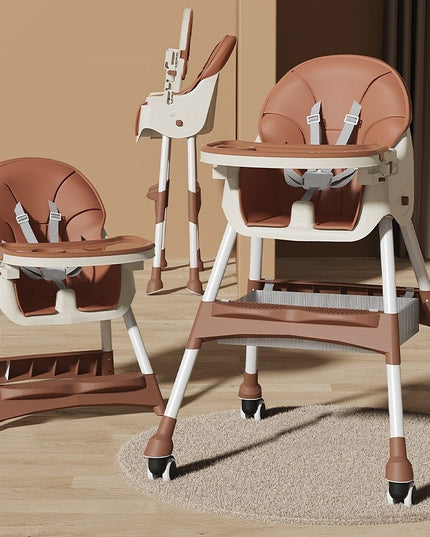 Scaun de Masa pentru Bebelusi si Copii, cu Roti, Telescopic, Pliabil, Masuta Reglabila, Suport Picioare, Scaun cu Invelis Piele Artificiala, Centura Siguranta, Spatiu Depozitare