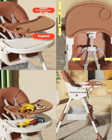 Scaun de Masa pentru Bebelusi si Copii, cu Roti, Telescopic, Pliabil, Masuta Reglabila, Suport Picioare, Scaun cu Invelis Piele Artificiala, Centura Siguranta, Spatiu Depozitare