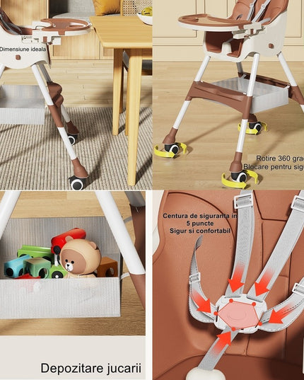 Scaun de Masa pentru Bebelusi si Copii, cu Roti, Telescopic, Pliabil, Masuta Reglabila, Suport Picioare, Scaun cu Invelis Piele Artificiala, Centura Siguranta, Spatiu Depozitare
