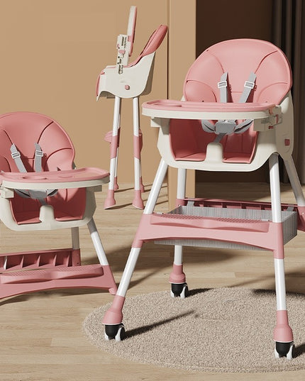 Scaun de Masa pentru Bebelusi si Copii, cu Roti, Telescopic, Pliabil, Masuta Reglabila, Suport Picioare, Scaun cu Invelis Piele Artificiala, Centura Siguranta, Spatiu Depozitare