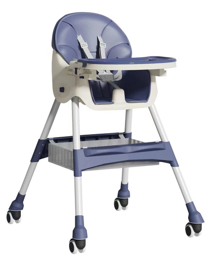 Scaun de Masa pentru Bebelusi si Copii, cu Roti, Telescopic, Pliabil, Masuta Reglabila, Suport Picioare, Scaun cu Invelis Piele Artificiala, Centura Siguranta, Spatiu Depozitare