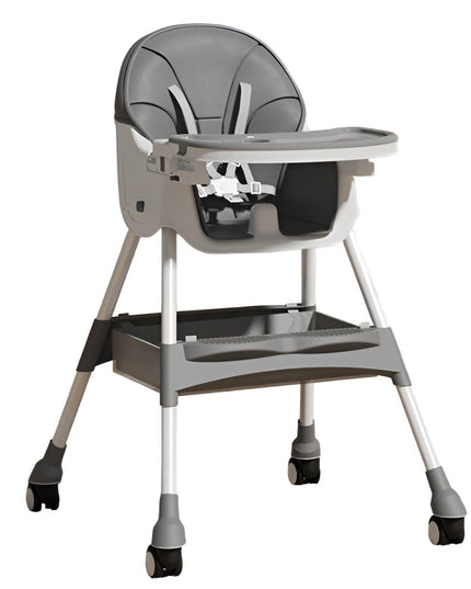 Scaun de Masa pentru Bebelusi si Copii, cu Roti, Telescopic, Pliabil, Masuta Reglabila, Suport Picioare, Scaun cu Invelis Piele Artificiala, Centura Siguranta, Spatiu Depozitare