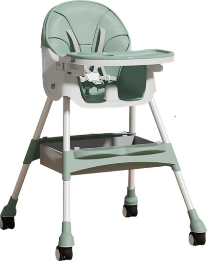 Scaun de Masa pentru Bebelusi si Copii, cu Roti, Telescopic, Pliabil, Masuta Reglabila, Suport Picioare, Scaun cu Invelis Piele Artificiala, Centura Siguranta, Spatiu Depozitare