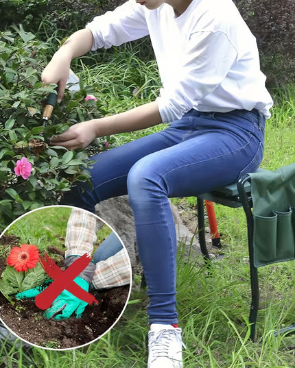 Scaun Multifunctional pentru Gradinarit, Inaltime Reglabila, Geanta Laterala pentru unelte,Pliabil