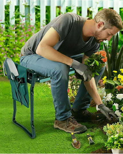 Scaun Multifunctional pentru Gradinarit, Inaltime Reglabila, Geanta Laterala pentru unelte,Pliabil