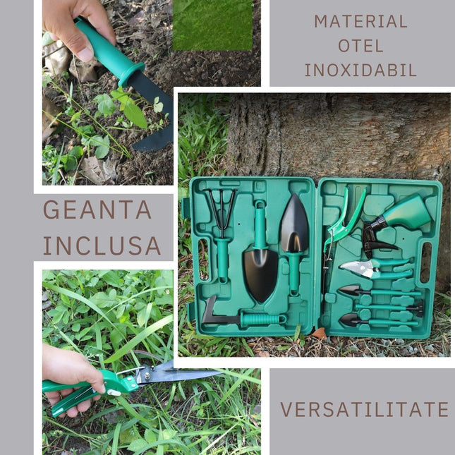 10 accesorii pentru gradinarit geanta depozitare inclusa, otel inoxidabil,