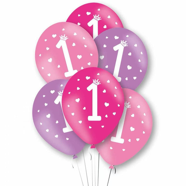 Baloane de Decor, Set 10 Baloane de Decor pentru Aniversare 1 An, Model pentru Fetite, din Latex 25 cm, /