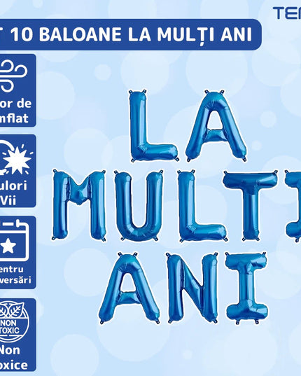 Set 10 Baloane din Folie Metalizata, Figurine Litere, Model La multi ani, Tema Aniversare, 40 cm, Ambalaj Individual, Pai Inclus, Umflare cu Aer sau Heliu