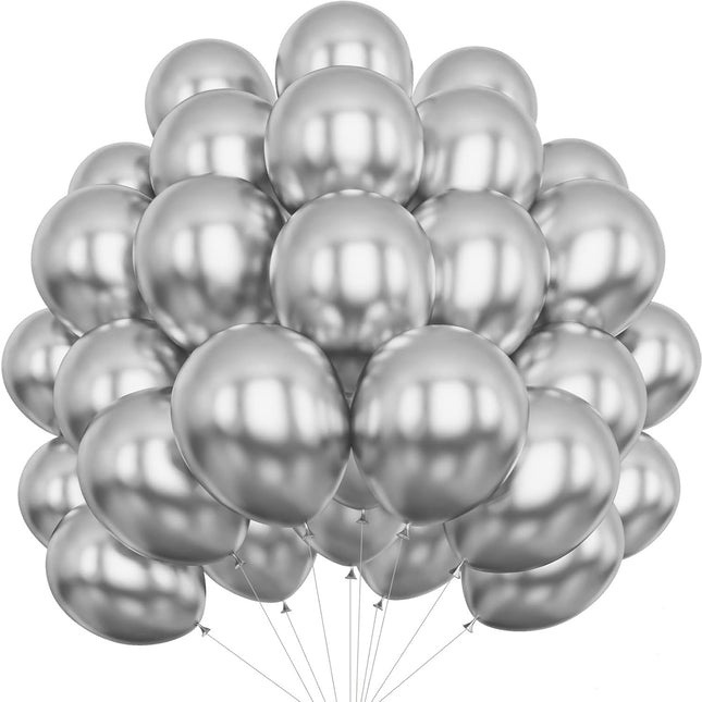10 Baloane din Latex Chrome, Model Party,Silver, 1 g