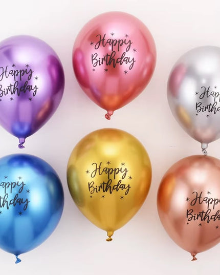Baloane din Latex Metal Cromat, din 10 Baloane, Cu Decoratiuni Printate HAPPY BIRTHDAY, Pentru Petrecere