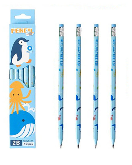 10 Creioane Negre, 2B, pentru Elevi Scoala, cu Radiera, Model