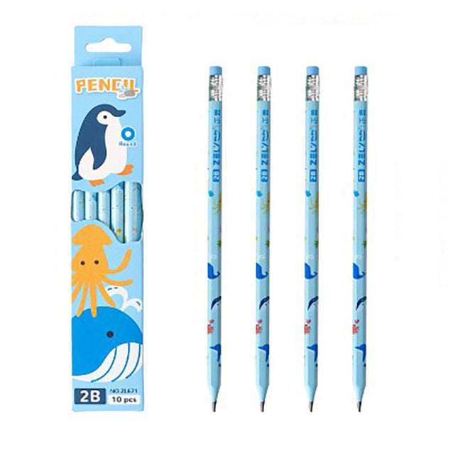 10 Creioane Negre, 2B, pentru Elevi Scoala, cu Radiera, Model