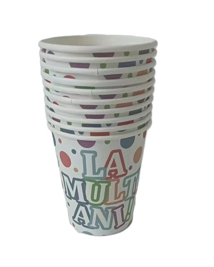 Set 10 Pahare, Imprimeu La Multi Ani, din Carton, 250 ml, 7 x 8.5 x 5 cm
