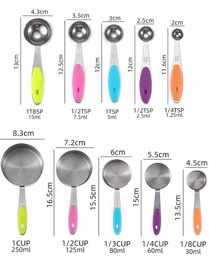10 Piese de Masurare, 5 Linguri Gradate + 5 Cesti Gradate, Otel Inoxidabil + Silicon
