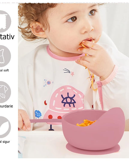 Set 10 piese diversificare bebelusi si copii din silicon baveta, farfurie compartimentata cu ventuza, bol cu ventuza, tacamuri din lemn si silicon, cana pentru gustari, fara alergeni, pudrat