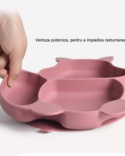 Set 10 piese diversificare bebelusi si copii din silicon baveta, farfurie compartimentata cu ventuza, bol cu ventuza, tacamuri din lemn si silicon, cana pentru gustari, fara alergeni, pudrat