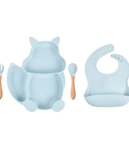Set 10 piese diversificare bebelusi si copii din silicon baveta, farfurie compartimentata cu ventuza, bol cu ventuza, tacamuri din lemn si silicon, cana pentru gustari, fara alergeni, baby blue