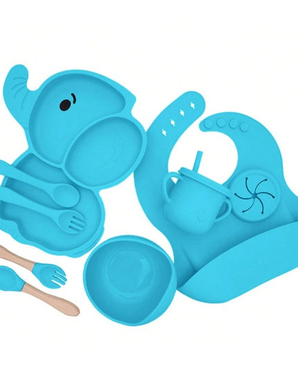 Set 10 Piese Servire Masa. pentru Bebelusi si Copii, din Silicon/Lemn, cu Ventuze Anti-alunecare, fara Alergeni. +6 Luni, Model Elefant