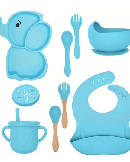 Set 10 Piese Servire Masa. pentru Bebelusi si Copii, din Silicon/Lemn, cu Ventuze Anti-alunecare, fara Alergeni. +6 Luni, Model Elefant