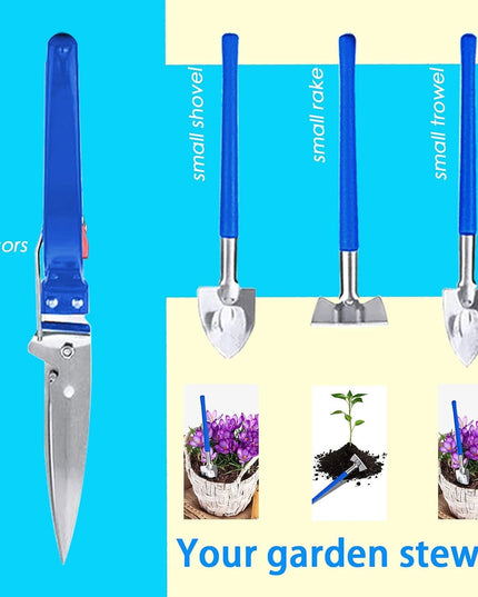 10 Unelte de Gradina, pentru Plantare Prelucrare Sol si Ingrijire Plante, Manere Albastre, Material PVC si Otel Inoxidabil, Inclusa