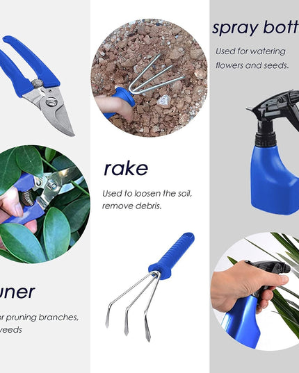 10 Unelte de Gradina, pentru Plantare Prelucrare Sol si Ingrijire Plante, Manere Albastre, Material PVC si Otel Inoxidabil, Inclusa