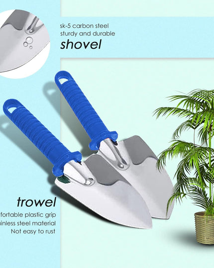 10 Unelte de Gradina, pentru Plantare Prelucrare Sol si Ingrijire Plante, Manere Albastre, Material PVC si Otel Inoxidabil, Inclusa