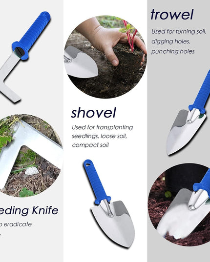 10 Unelte de Gradina, pentru Plantare Prelucrare Sol si Ingrijire Plante, Manere Albastre, Material PVC si Otel Inoxidabil, Inclusa