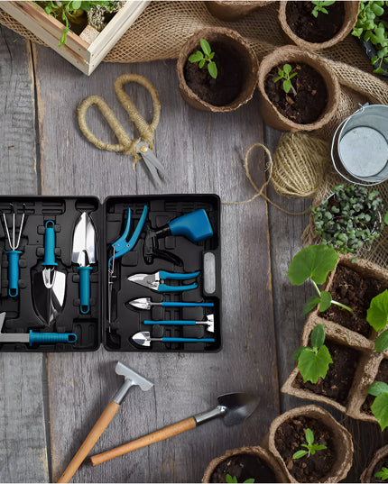 10 Unelte de Gradina, pentru Plantare Prelucrare Sol si Ingrijire Plante, Manere Albastre, Material PVC si Otel Inoxidabil, Inclusa