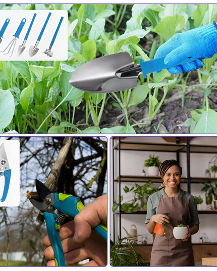 10 Unelte de Gradina, pentru Plantare Prelucrare Sol si Ingrijire Plante, Manere Albastre, Material PVC si Otel Inoxidabil, Inclusa