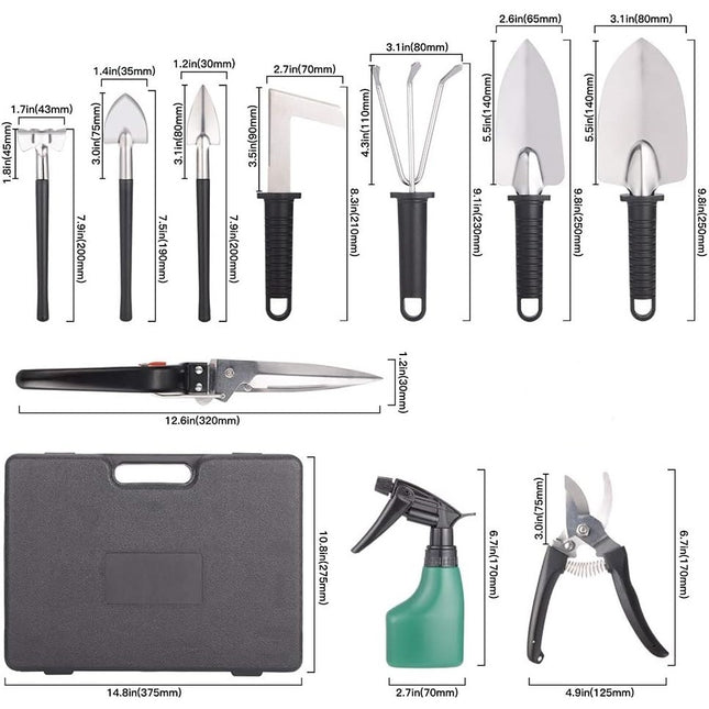10 Unelte de Gradina, pentru Plantare Prelucrare Sol si Ingrijire Plante, Manere Negre, Material PVC si Otel Inoxidabil, Inclusa
