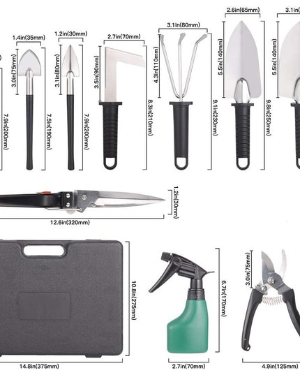 10 Unelte de Gradina, pentru Plantare Prelucrare Sol si Ingrijire Plante, Manere Negre, Material PVC si Otel Inoxidabil, Inclusa